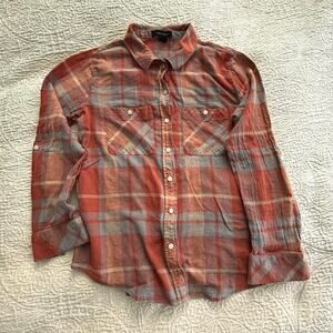Orange tan and blue plaid button up, large